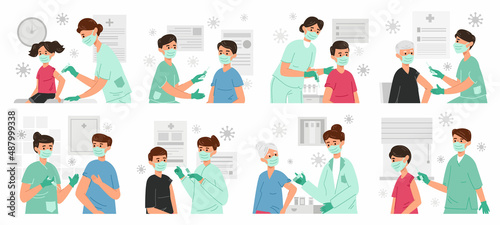 People get covid-19 vaccine, virus protection and immunisation. Male and female characters get corona virus vaccine vector illustration set. Nurses with syringe