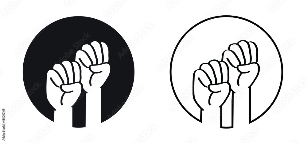 Fototapeta premium Hand up, protest symbol. Cartoon hands icon or pictogram. Vector freedom outline sign. Fist empowerment. Raised fist symbol, Black lives matter, Revolution movement fight worker