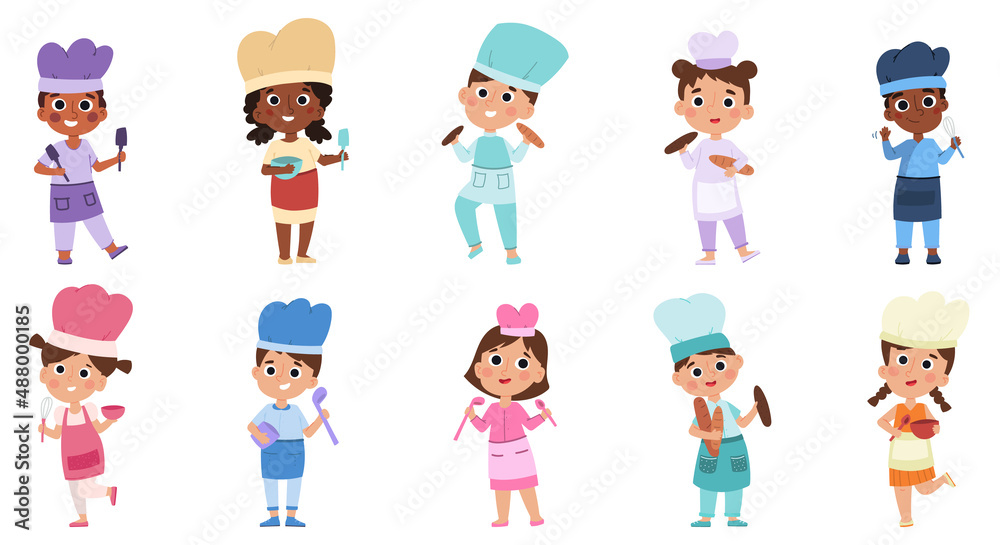 Naklejka premium Baby chefs characters, young professionals wear cook uniform. Kids cooking food at kitchen vector illustration set. Lil chefs in uniforms and caps
