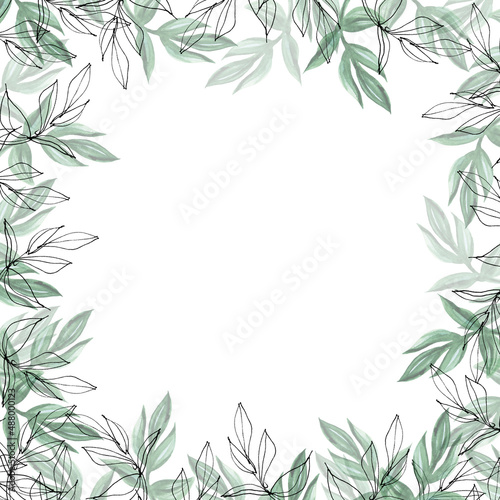 Branches with leaves on the background. Watercolor and linear style.