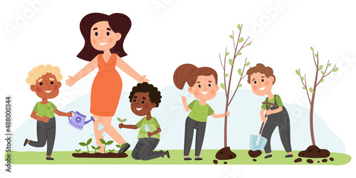 Children and teacher gardening, planting vegetables and trees. Kids learn to love and take care of nature vector illustration. Children planting trees