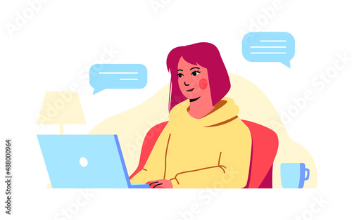Woman in chair with laptop working at home. Freelance concept. Isolated illustration of online meeting, consultation, work in quarantine. Work chat. Customer service. Vector illustration in flat style