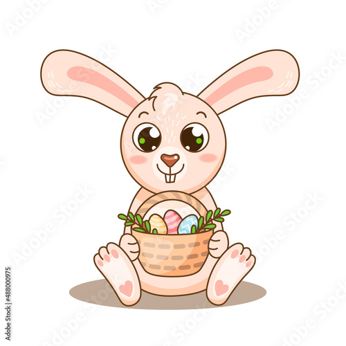 Cute baby rabbit with big ears with basket and easter eggs. Vector illustration for design, kids poster, print. Funny comic carttoon bunny celebrate Easter.