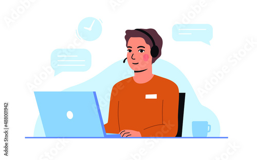 Man with microphone and laptop. Call center operator. Concept of online meeting, consultations, hot line. Customer service. Vector illustration in flat style. 