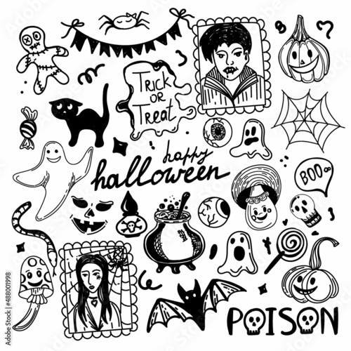 Cute Halloween set. Hand-drawn doodle-style elements. Collection of vector drawings for All Saints' Day: pumpkin, ghost, magic objects, cat, voodoo doll, etc.