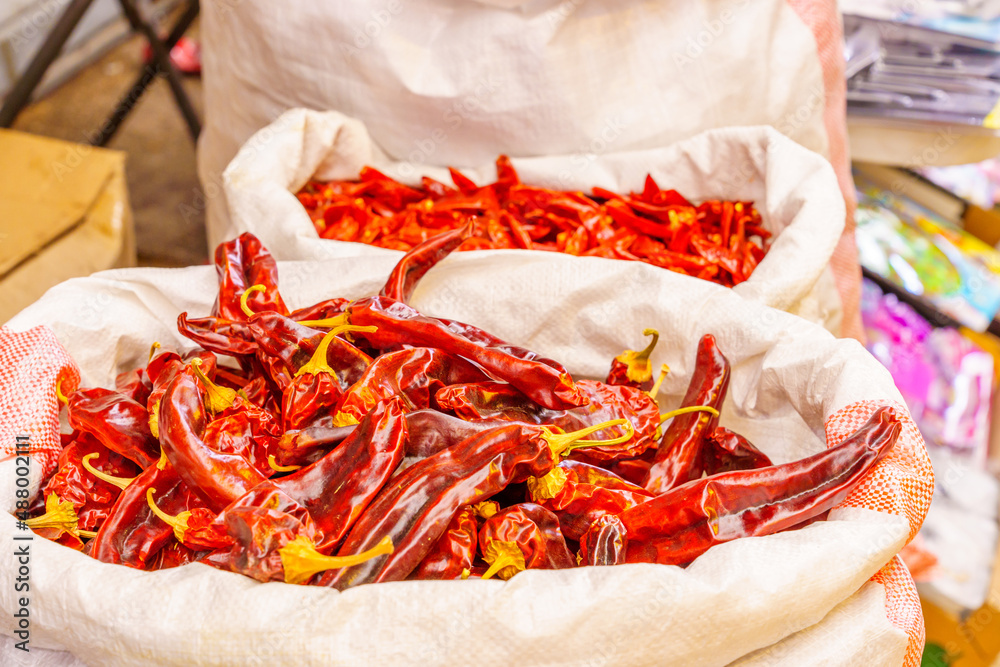 Dried chili peppers on sale in the market, Acre (Akko)