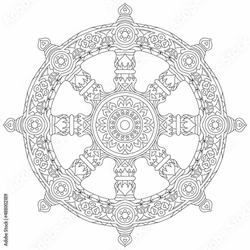 Dharma Wheel or dharmachakra, theach and walk to the path of Nirvana. For coloring
