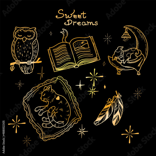 Gold set of drawings of cute handdrawn vector illustrations on the theme of sleep on the black background