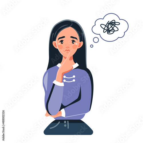 A tired young woman with chaos in her head. Emotional burnout, neurosis, stress. The concept of mental health preservation. Vector illustration