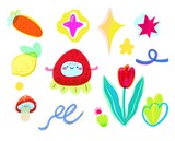 Kawaii doodle illustration with tulip, smiling strawberry, lemon, ribbons, leaves, carrot, various stars, cute mushroom for stickers, diary, print element, website on white background. Hand drawn set