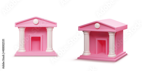 Pink bank building in different point of views. Online banking or bank transactions and service concept