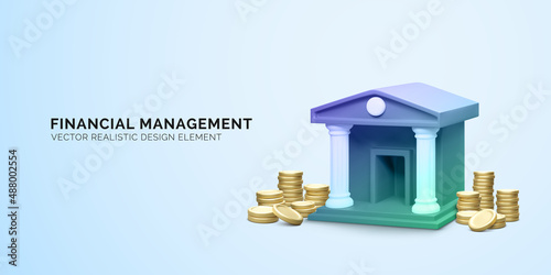 3d bank building and gold coins stacks. 3d realistic bank icon. Money transaction or savings concept