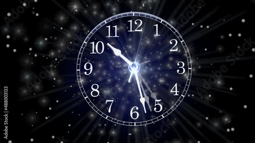 Timelapse clockface accelerating forwards and then decelerating backwards with an advancing then retreating star background. Time and travel. Time machine. Traveling forward in time and then backwards