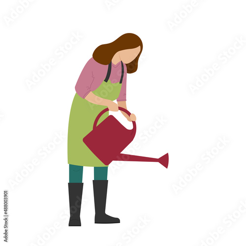 Woman holds watering can. Female gardener watering plants. 