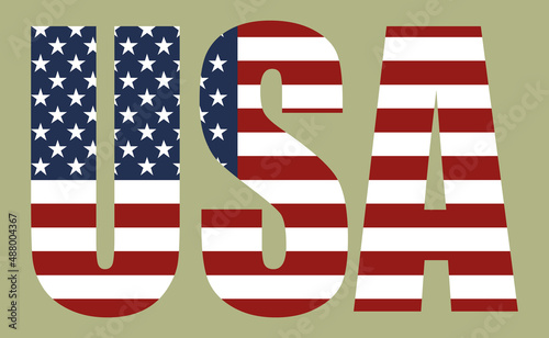 USA american flag word. Vector illustration. Khaki green background.