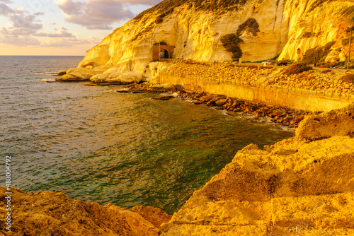 Sunset view of rock formations, and cliffs of Rosh HaNikra