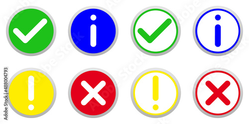 Different green, yellow, blue and red buttons, symbols for passed, attention, information and rejected, isolated on white background