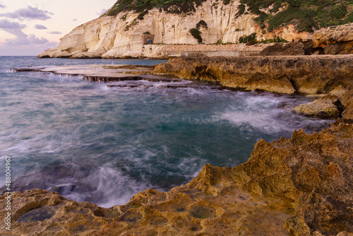 Sunset view of rock pools, and cliffs of Rosh HaNikra