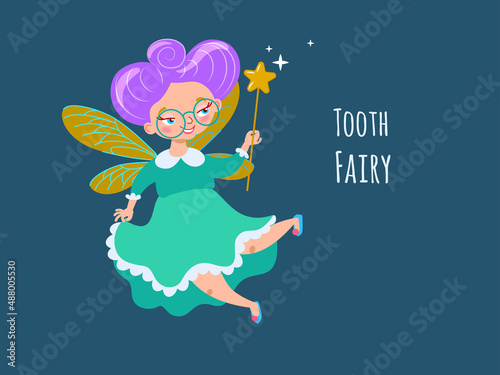 Cute tooth fairy with magic wand, fairy in glasses with purple hair, green dress cartoon character with wings vector illustration 