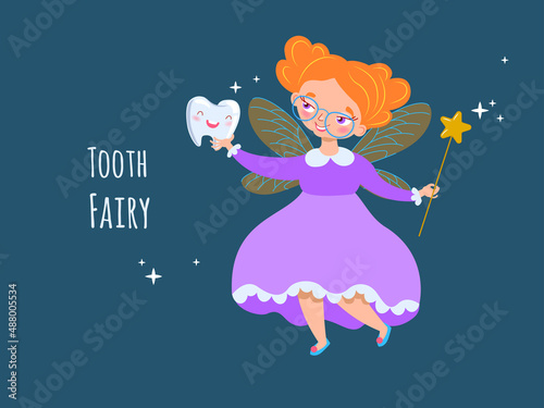 Cute tooth fairy with baby tooth and magic wand, fairy in glasses with orange hair, purple dress cartoon character with wings vector illustration