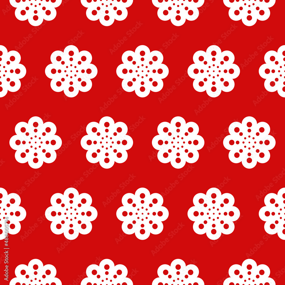 The spheres are joined together to form a white flower. Arrange duplicates on a red background. Fabric pattern idea, baby clothes, postcards, wraps. The spheres are joined together to form a white flower. Arrange duplicates on a red background. Fabric pattern idea, baby clothes, postcards, wraps.