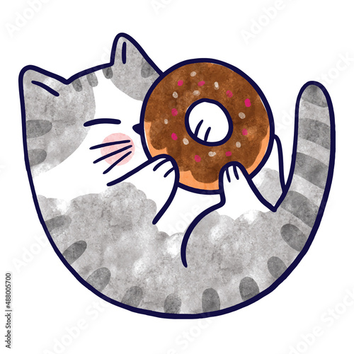 Fotografie Watercolor cartoon cute cat and donut vector.