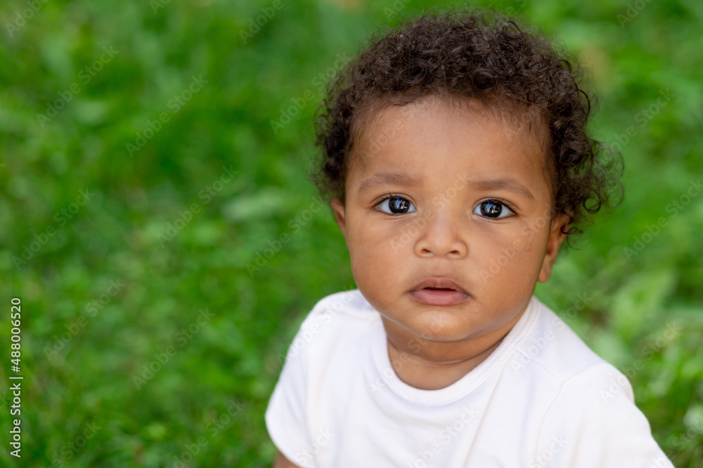 portrait of a cute African-American baby boy on a green grass lawn in summer portrait of a cute African-American baby boy on a green grass lawn in summer