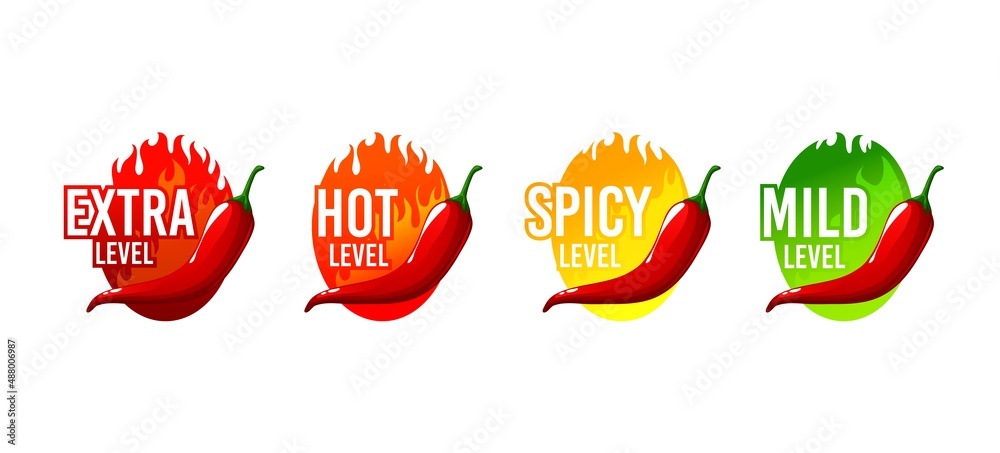 Hot spicy level labels with chili pepper mild, medium and extra hot spicy food taste, vector scale. Hot spicy level labels with burning flame and chili pepper, jalapeno or Tabasco sauce