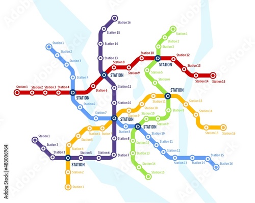 Metro, subway, underground transport system vector map. Railway transport line plan with metro stations, colorful network of train routes and tube tunnels, subway city map, scheme or diagram template
