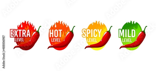 Hot spicy level labels with chili pepper mild, medium and extra hot spicy food taste, vector scale. Hot spicy level labels with burning flame and chili pepper, jalapeno or Tabasco sauce