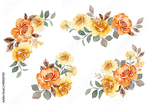 Yellow rose flower arrangement collection with watercolor