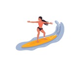 Young woman on a wave on a surfboard. Surfing in ocean girl isolated vector character, surfer woman standing on board, riding wave. Summer vacation outdoor activity on beach