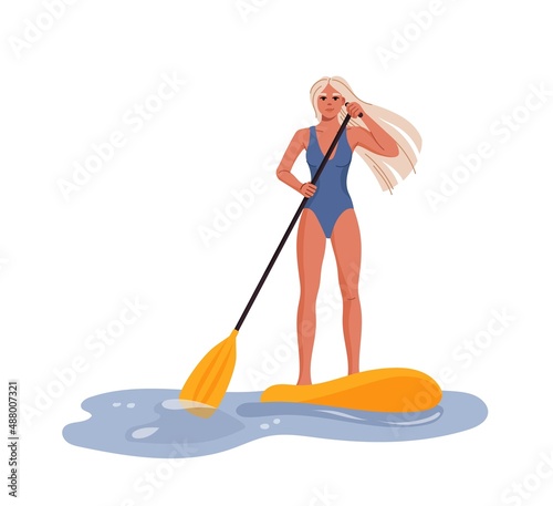 Young blond woman on sup board. Flat style vector girl with paddle standing on surfboard, surfer character. SUP standup paddleboarding activity or paddle surfing on summer vacation and watersports