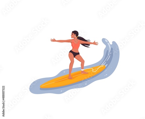 Young woman on a wave on a surfboard. Surfing in ocean girl isolated vector character, surfer woman standing on board, riding wave. Summer vacation outdoor activity on beach