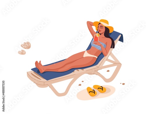 Young pretty woman drinking a cocktail on a beach. Girl in hat relaxing on tropical resort, sunbathing on sunbed and drinking exotic beverage with straw. Summer vacation leisure flat vector scene