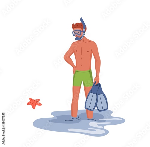 Young diver in fins. Man wearing diving mask and snorkel, guy holding flippers while standing in water on beach or seacoast. Diver flat vector character with snorkeling equipment