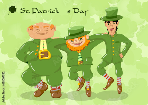 Leprechauns dancing on St. Patrick's Day Von with four-leaf clovers