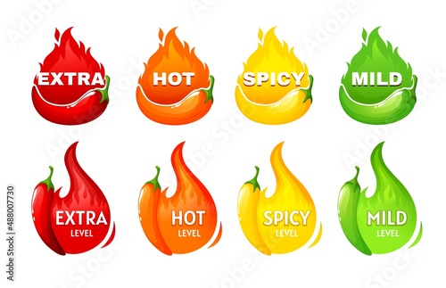 Hot spicy level labels, vector icons, savory food scale emblems. Chili pepper, cayenne or jalapeno with red, yellow, orange and green fire flames. Extra, spicy, hot and mild strength of sauce or snack