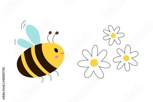 Cartoon bee with flowers. Isolated cute illustration. 
