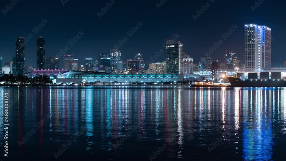 San Diego Skyline Blue Reflections from Coronado Island Tilt Up Night Time Lapse California USA San Diego Skyline Blue Reflections from Coronado Island Tilt Up Night Time Lapse California USA