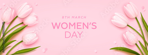 Women's day banner. 8 march holiday background with realistic tulips. Vector illustration for poster, brochures, booklets, promotional materials, website