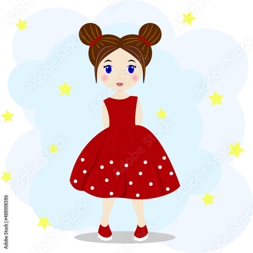 Cute little girl with brown hair in a red dress with white polka dots