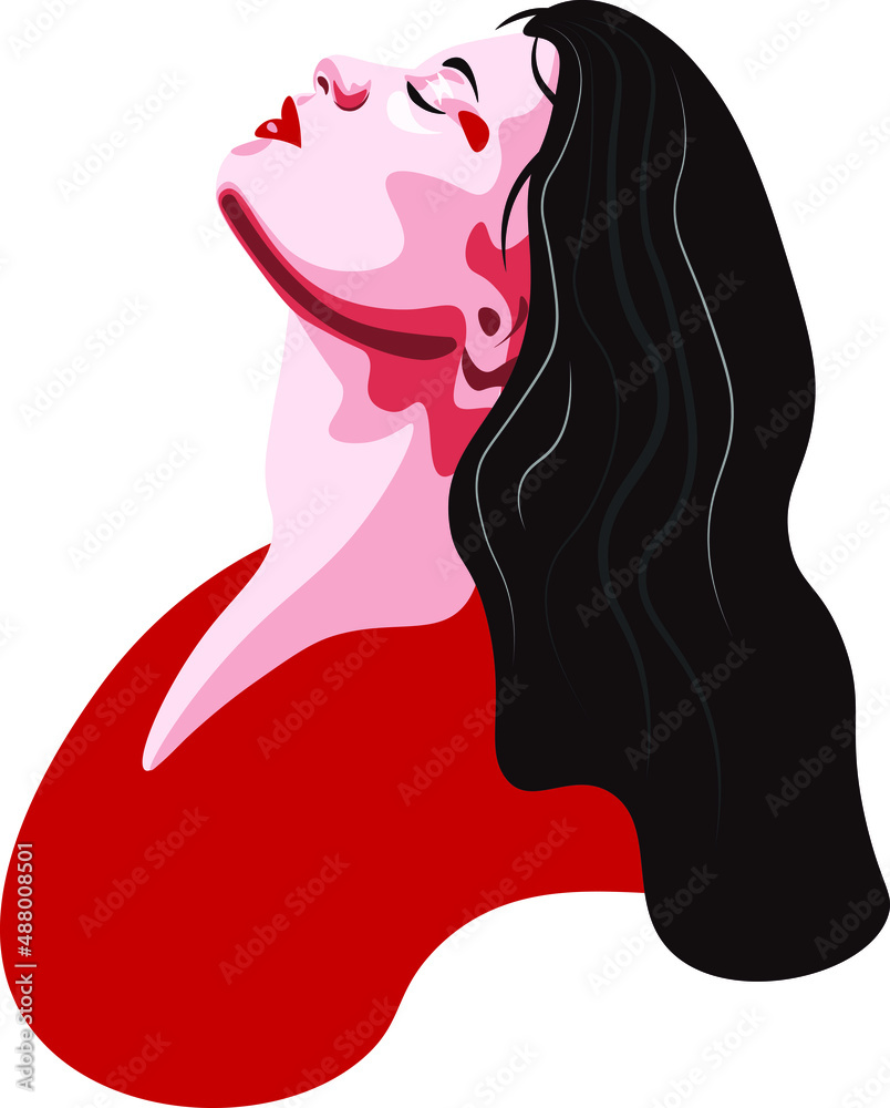portrait of young woman with red lips, long black hair, vector isolated illustration on white background. Concept for logo, print, cards
