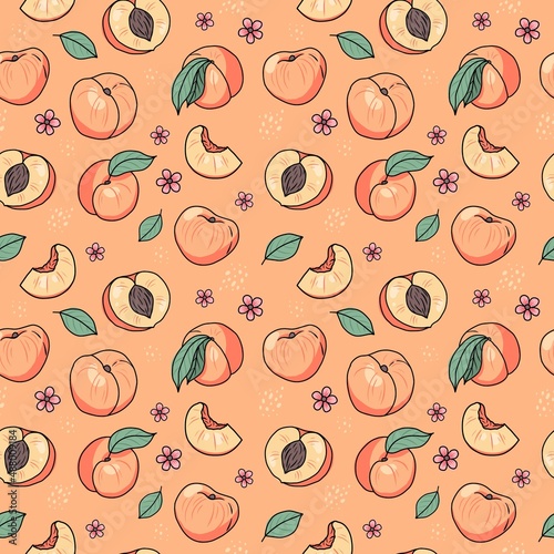 Peach or apricot hand drawn seamless pattern. Vector illustration in doodle style
