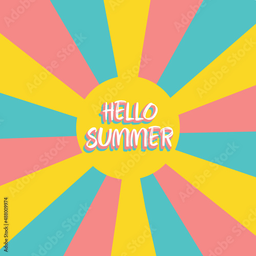 Hello Summer lettering in pop art comics style. Comics book exclusive summer text balloon. Vector retro textured Summer poster design, banner, advertising, promo, sale. Bright art