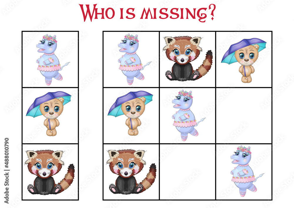 Fototapeta premium Sudoku game for children with pictures. Kids activity sheet. Cartoon animal