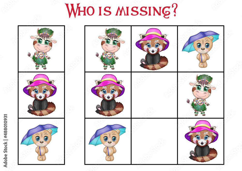 Fototapeta premium Sudoku game for children with pictures. Kids activity sheet. Cartoon animals.