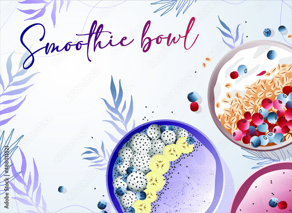 Obraz premium Healthy breakfast Smoothie bowls with fruit toppings. Healthy summer food.