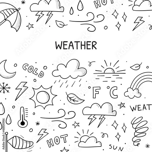 Hand drawn set of weather objects and elements. Illustration in doodle sketch style for banner, frame, poster design.