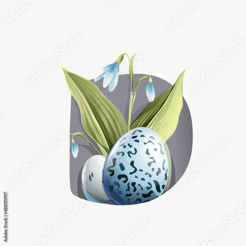 D letter logo with Easter eggs in a natural pattern, lily of the valley leaves, and snowdrop flowers.